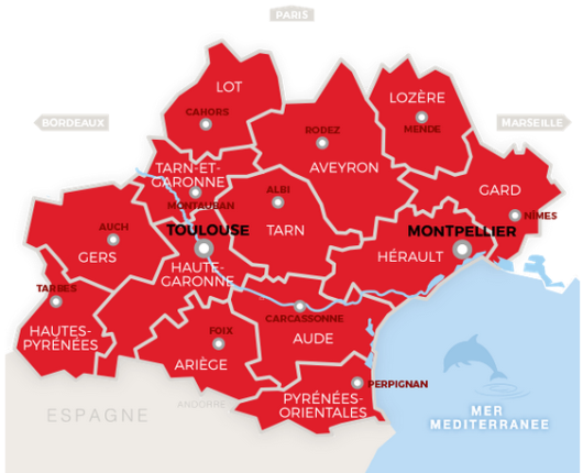 Albi in the heart of Occitanie - region map